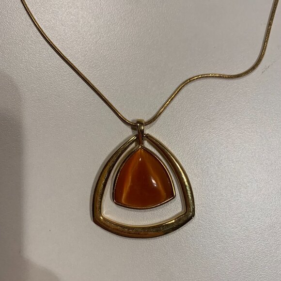 M&S Gold Tone Pendant Necklace Cat Eye Stone Modernist Vintage Style Statement - Picture 2 of 7